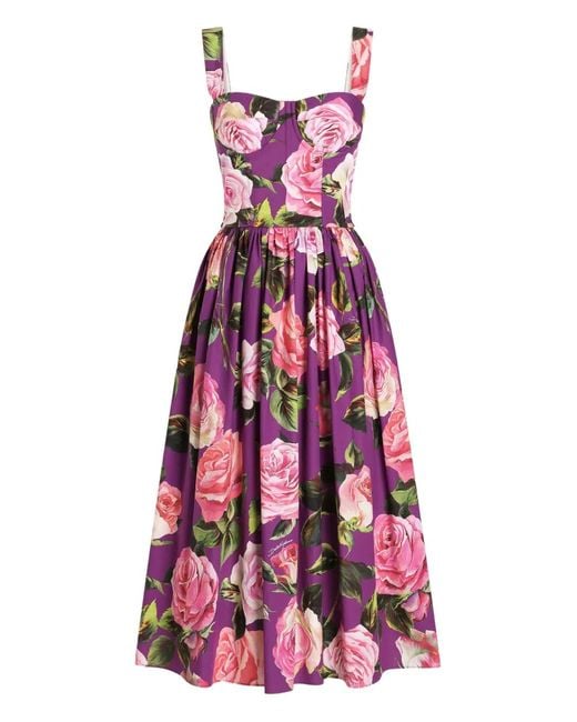 Dolce & Gabbana Purple Rose-Print Midi Dress