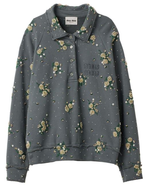 Miu Miu Gray Beaded Cotton Fleece Sweatshirt