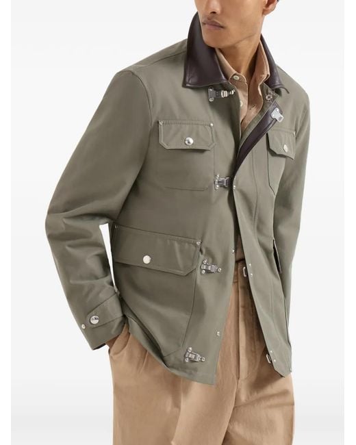 Brunello Cucinelli Green Water-Resistant Techno Cotton Gabardine Outerwear Jacket With Leather Inserts And Hook Fastening for men