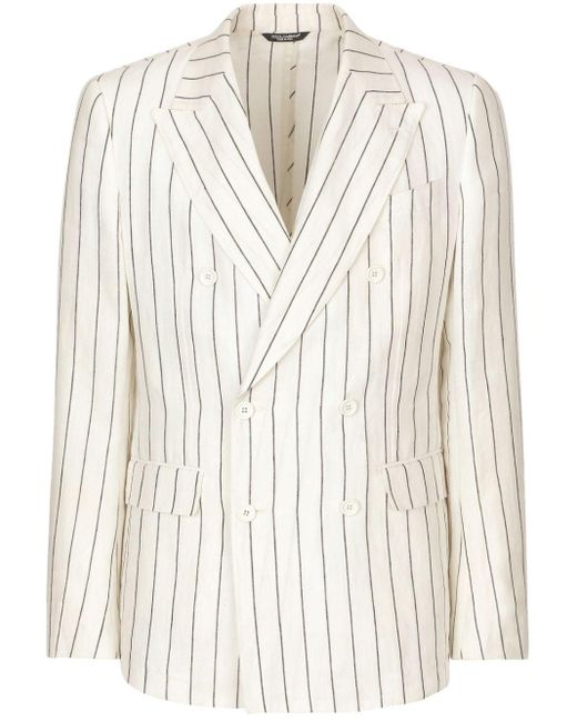 Dolce & Gabbana White Double-breasted Pinstriped Linen Blazer for men
