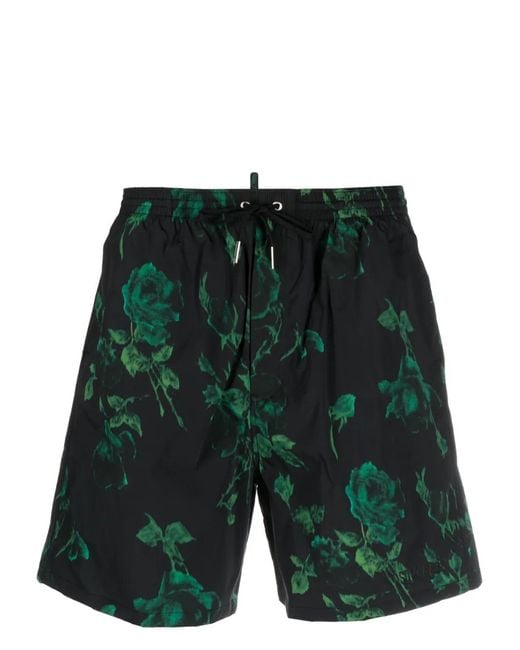 DSquared² Green Rose-Print Swim Shorts for men