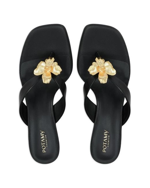 POTAMY Black Floral Leather Flip-Flops