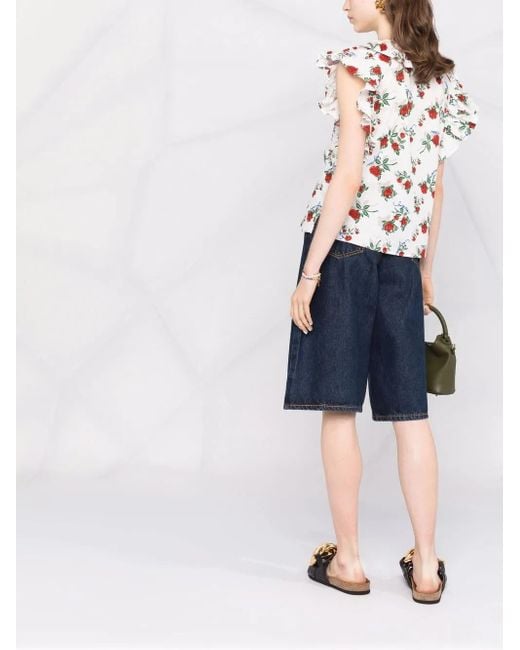 See By Chloé White Floral-Print Ruffle-Collar Blouse