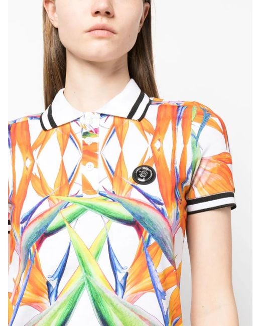 Philipp Plein Orange Floral-Print Cotton Polo Top