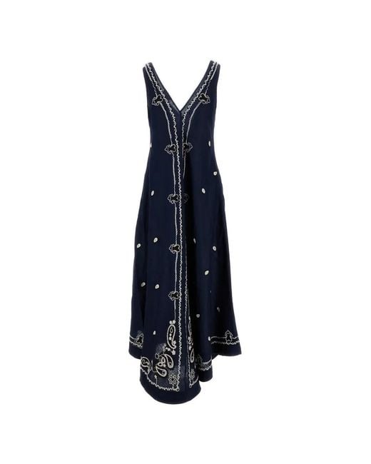 P.A.R.O.S.H. Blue Intricately Embroidered A-Line Linen Dress