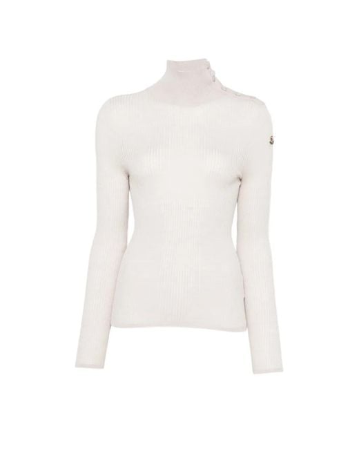 Moncler White Dolcevita Button-Detail Ribbed-Knit Sweater