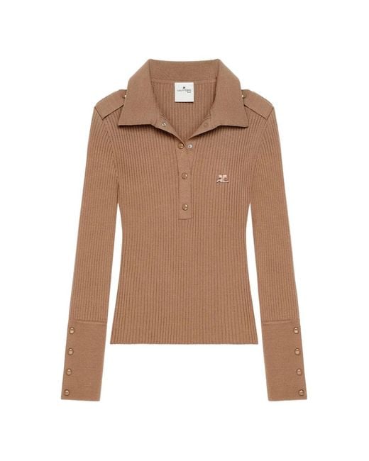 Courreges Brown Rib-Knit Long-Sleeve Polo Shirt
