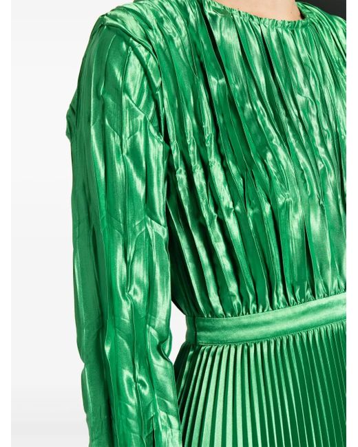 L'idée Green Long-sleeve Plissé Maxi Dress