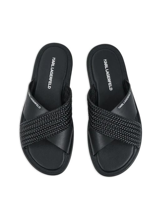 Karl Lagerfeld Black Woven Crossover-Strap Slides for men