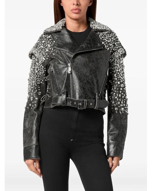 Philipp Plein Black Leather Cropped Jacket