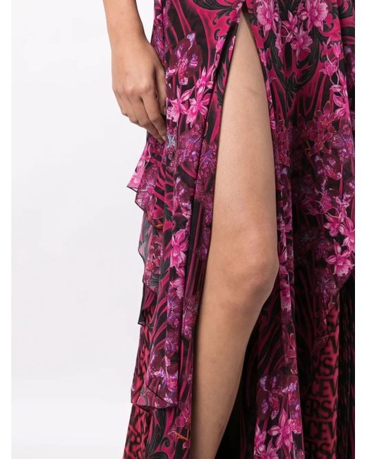 Versace Purple Orchid Barocco-Print Ruffled Silk Dress