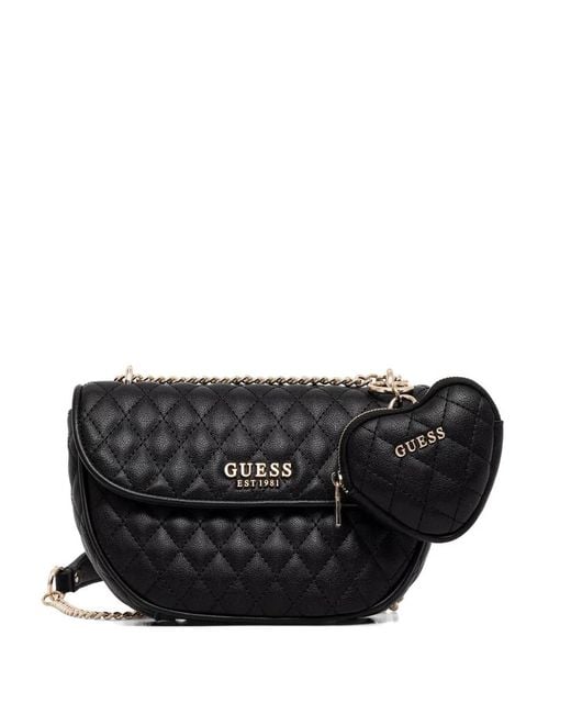 Guess Black Quilted Heart-Charm Crossbody Bag
