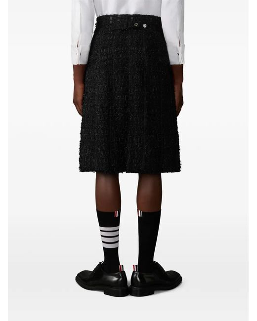 Thom Browne Black Stain Ribon Tweed Frayed Pleated Skirt for men