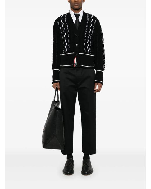 Thom Browne Black V-Neck Chunky-Knit Cardigan for men