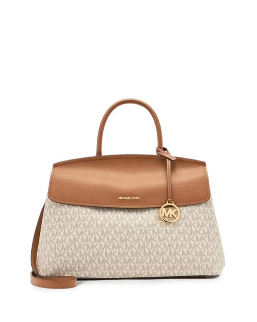 Michael Kors Natural Logo-Print Leather-Trim Satchel Bag
