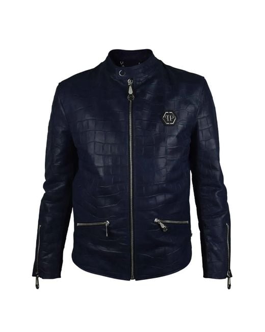 Philipp Plein Blue Croc-Embossed Biker Jacket for men