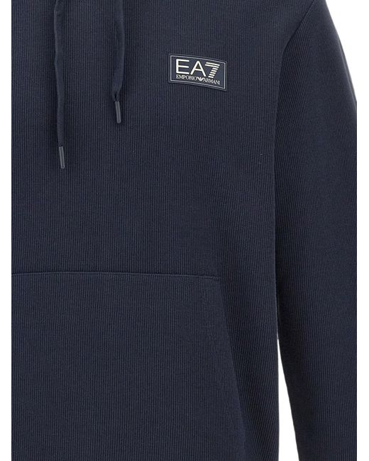EA7 Blue Logo-Patch Ribbed Hoodie for men