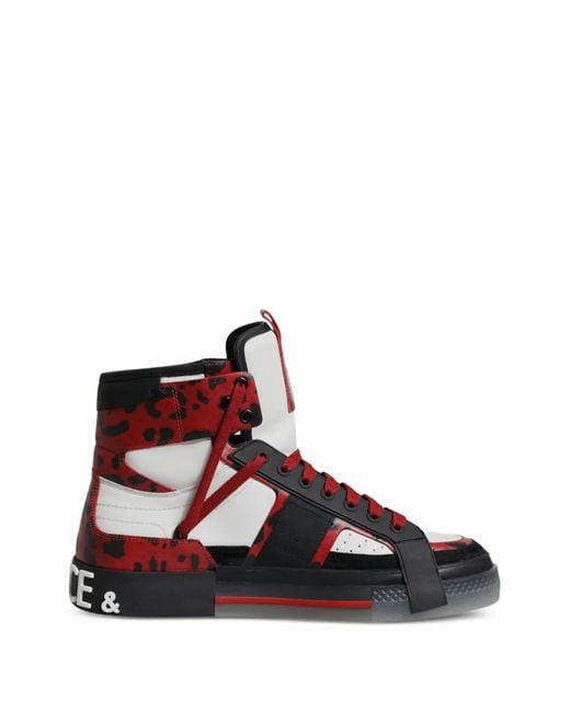 Dolce & Gabbana Red Portofino Leopard-Print High-Top Sneakers for men
