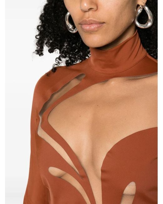 Mugler Brown Illusion Mesh-Panelled Bodysuit