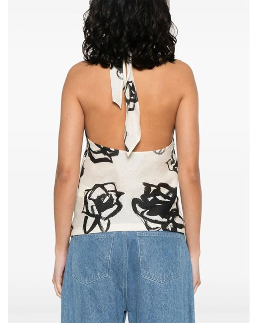 MSGM White Floral Linen Halterneck Top