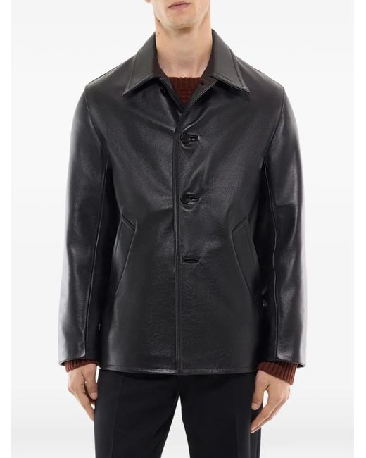Fursac Black Button-Front Leather Jacket for men