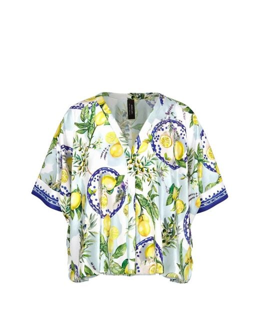 Marc Cain Blue Lemon-Print V-Neck Blouse