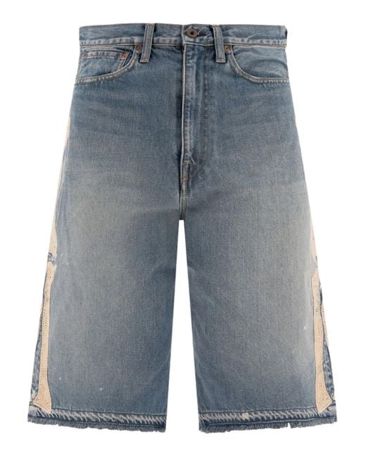 Kapital Crochet-Appliqué Fringed Denim Shorts in Blue for Men