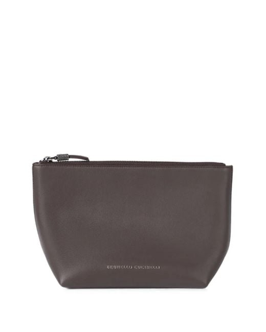 Brunello Cucinelli Gray Grained Calfskin Pouch With Monili