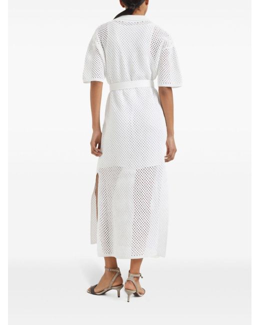 Brunello Cucinelli White Belted Pointelle-knit Dress