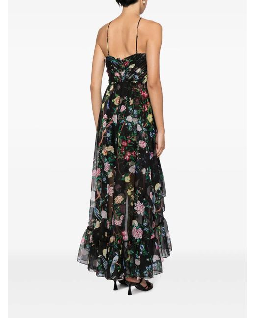 Marchesa Black Floral-Print Halterneck Dress