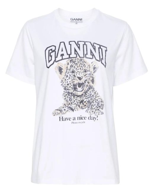 Ganni White Leopard Print Cotton T-Shirt