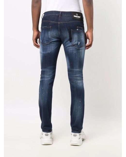 Philipp Plein Blue Super Straight Stonewash Distressed Jeans for men