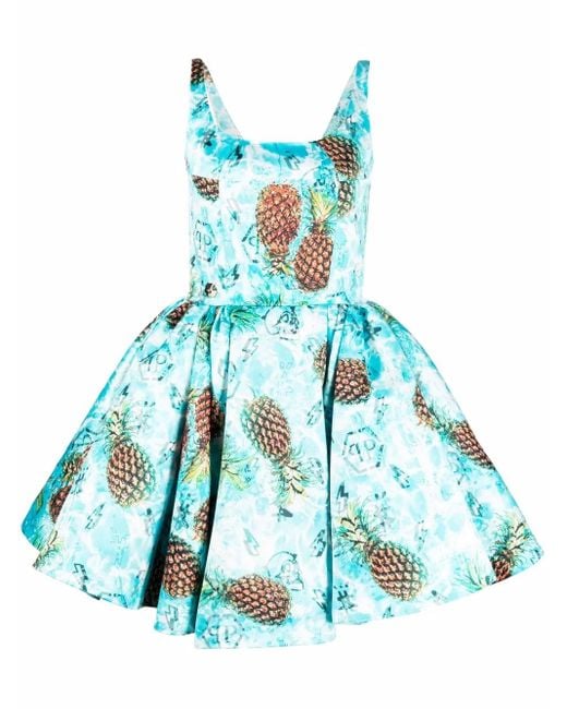 Philipp Plein Blue Duchesse Pineapple Skies-Print Mini Dress