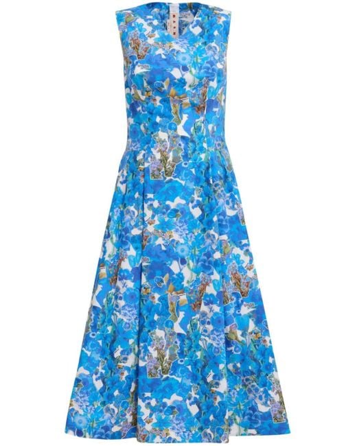 Marni Midi-jurk Met Bloemenprint in het Blue