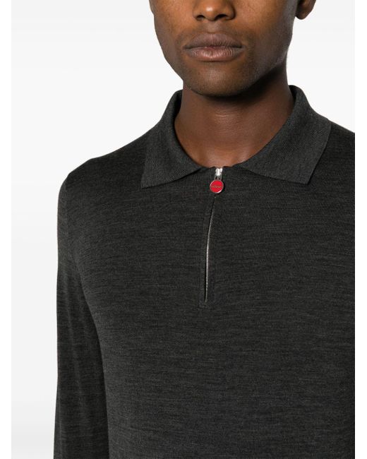 Kiton Black Branded Zip-puller Wool Polo Shirt for men