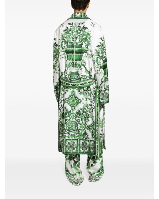 Dolce & Gabbana Green Silk Twill jogging Pants With Majolica Print for men