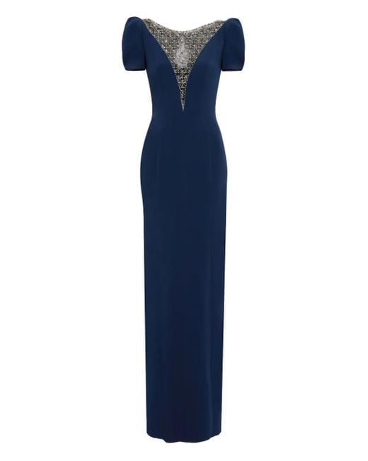 Jenny Packham Women's Blue Puff-Sleeve Crystal-Embellished Maxi Dress