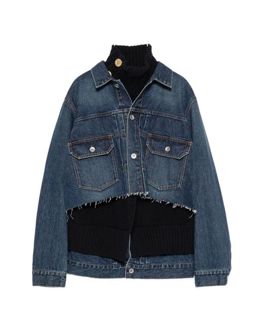 Sacai Blue Raw-Cut Knit-Panelled Denim Jacket