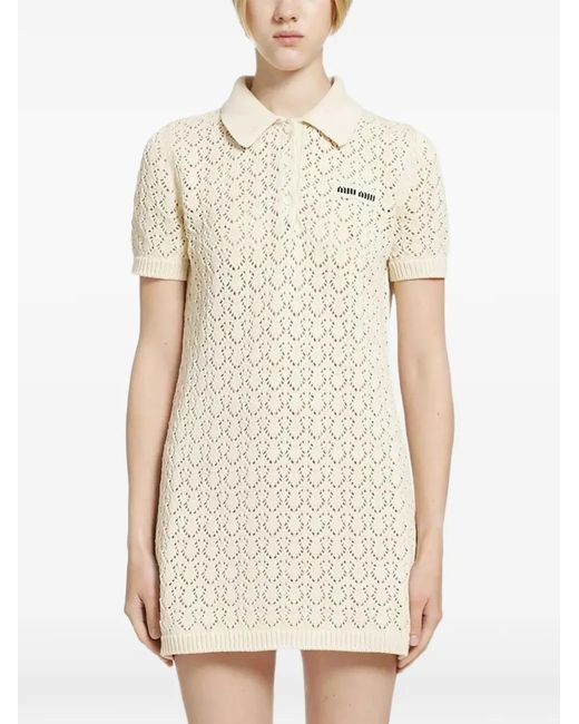 Miu Miu White Crochet-Knit Polo T-Shirt