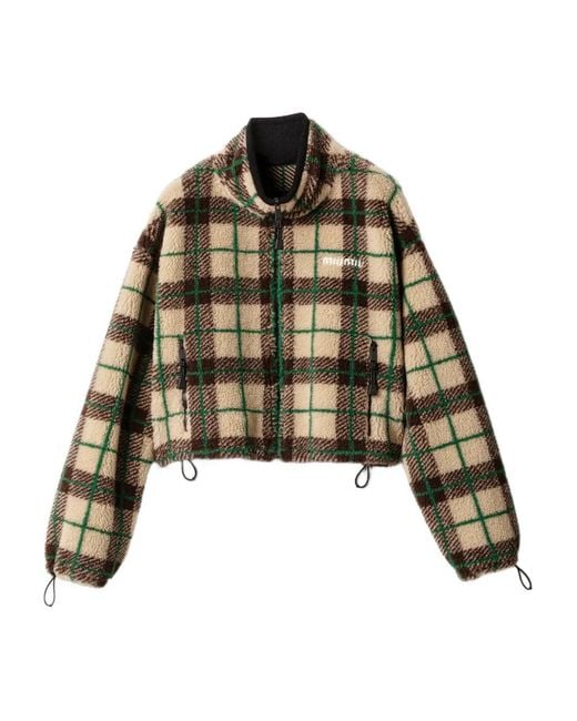 Miu Miu Black Checked Teddy Jacket With Zipper
