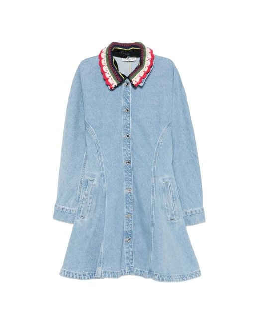 Stine Goya Blue Crochet-Collar Button-Up Mini Dress