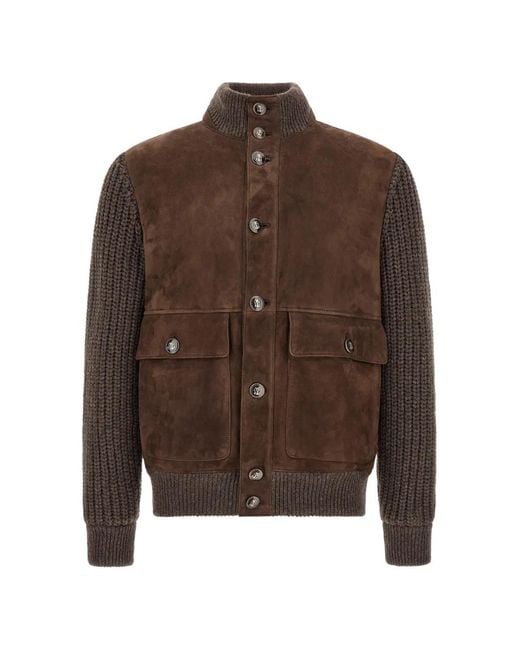 Brunello Cucinelli Brown Suede-Panel Ribbed-Knit Jacket for men