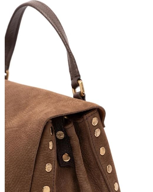 Zanellato Brown Small Postina Jones Stud-Embellished Shoulder Bag