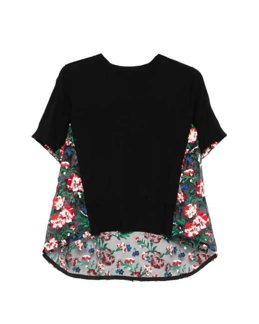 Sacai Black Floral-Embroidered T-Shirt