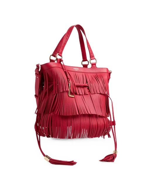 Lancel Red Premier Flirt Fringed Leather Bucket Bag