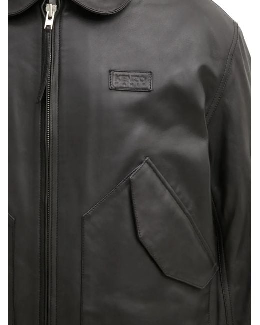 KENZO Gray Zip-Fastening Leather Jacket for men