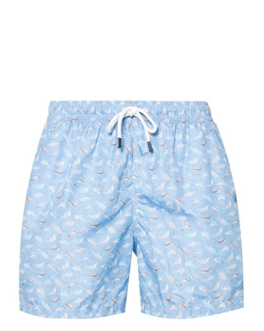 Fedeli Blue Madeira Dolphin-pattern Swim Shorts for men