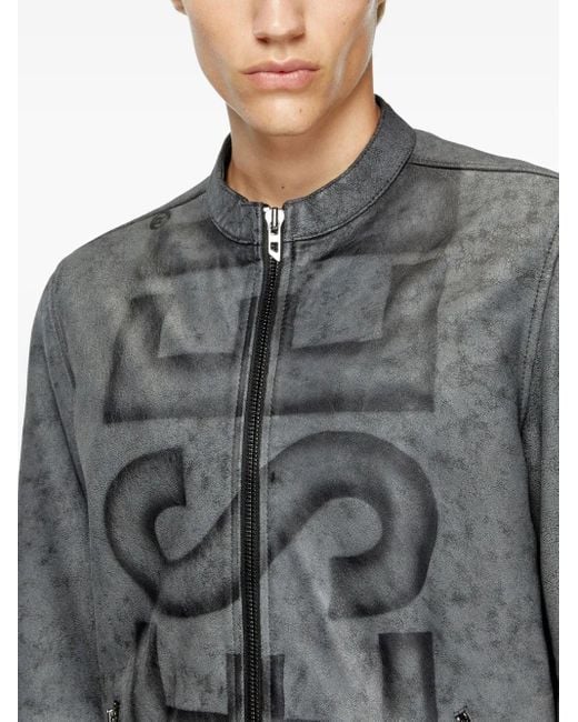 DIESEL Gray Treated Leather Biker Jacket With Faded Logo for men