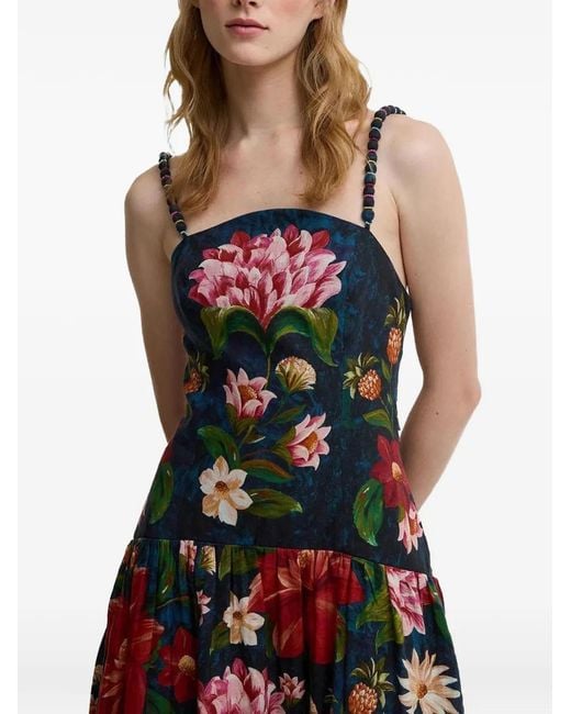 Barbour White X Farm Rio Midi Wild Flower Floral-Print Beaded-Strap Dress