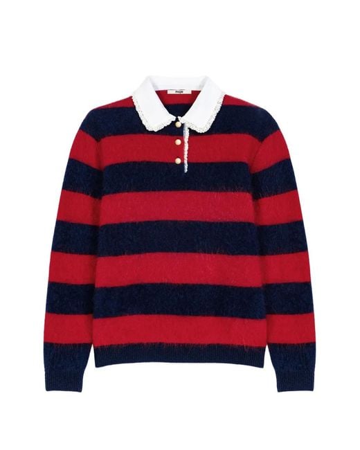 Maje Red Fluffy Jumper With Poplin Collar